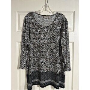 Chico's Tunic Women's Large Black Knit Abstract Artsy Flowy Travel Top